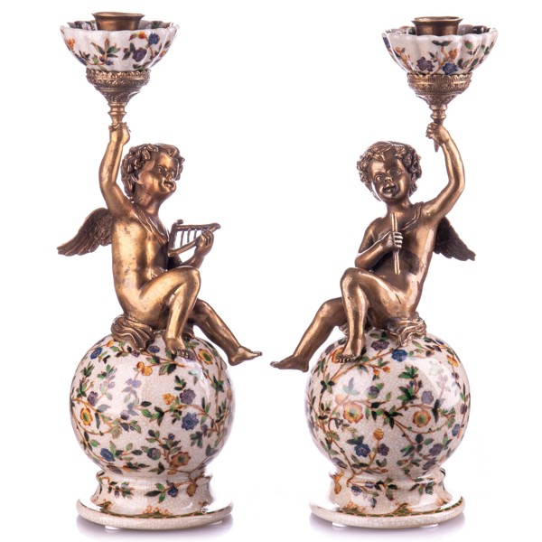 Porcelán-bronz gyertyatartó szett angyalokkal képe