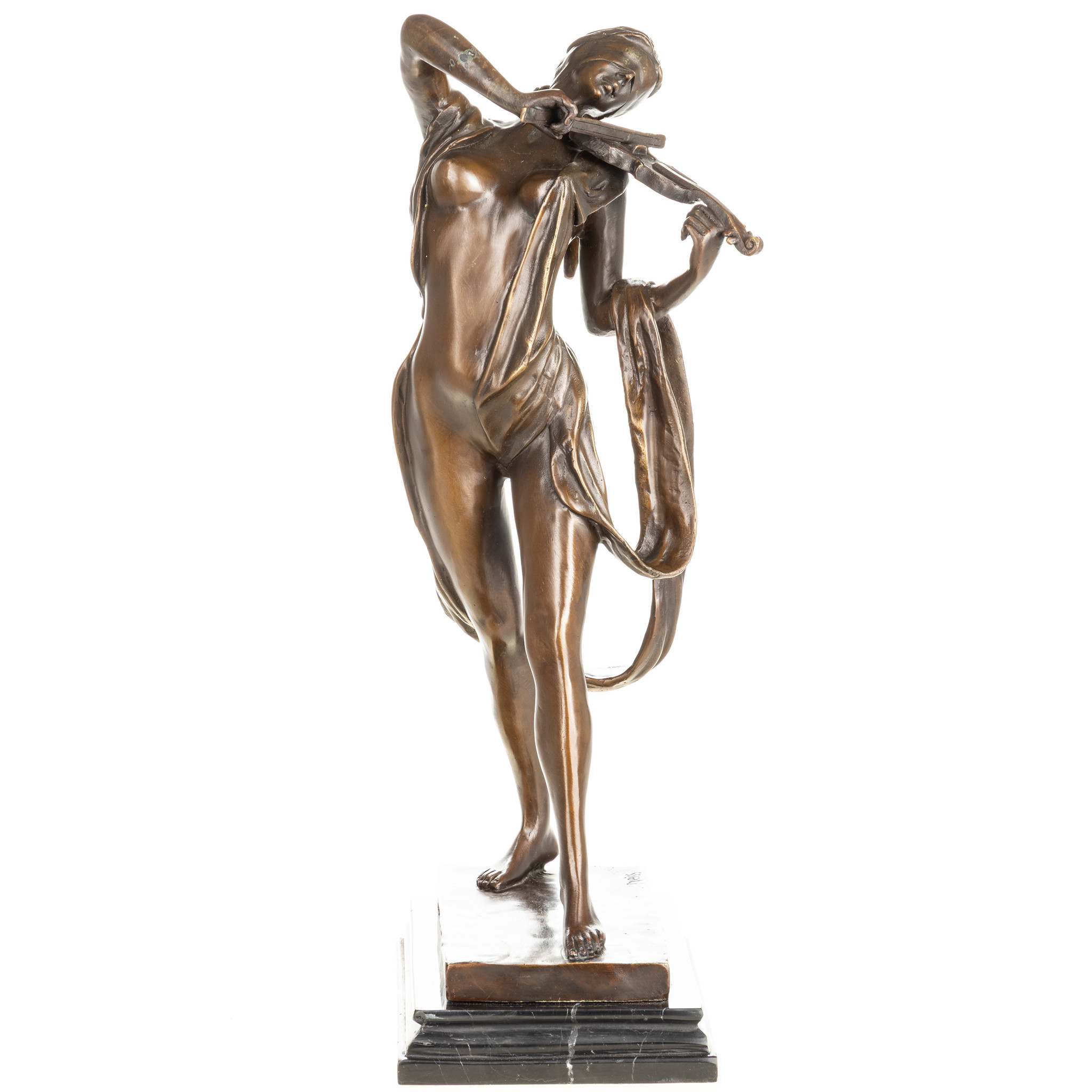 Női akt hegedűvel - bronz szobor márványtalpon