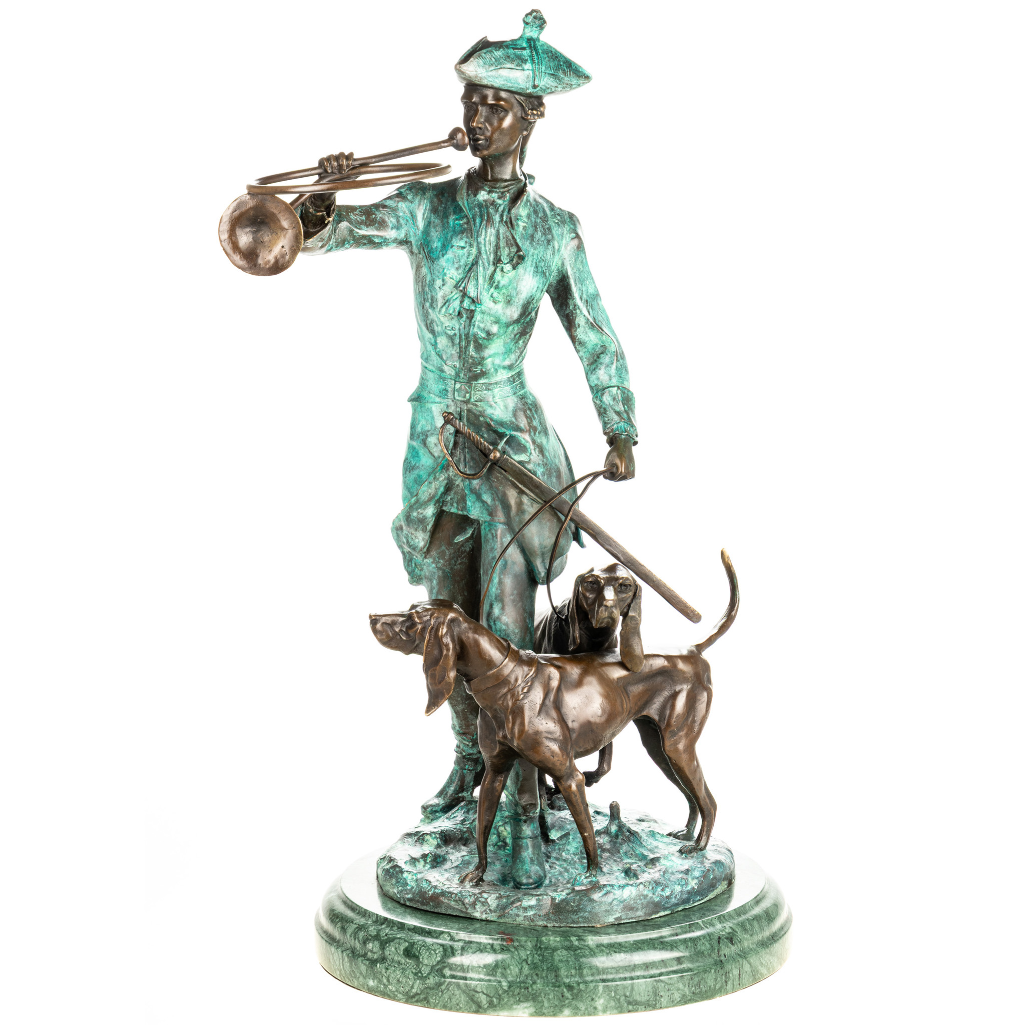 Vadász vadászkutyákkal, vadászkürttel - bronz szobor